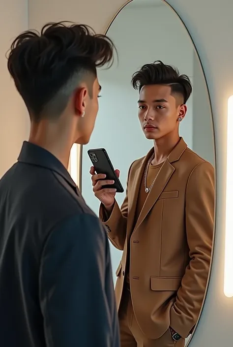  stylish boy in front of mirror with iphone 11 pro max