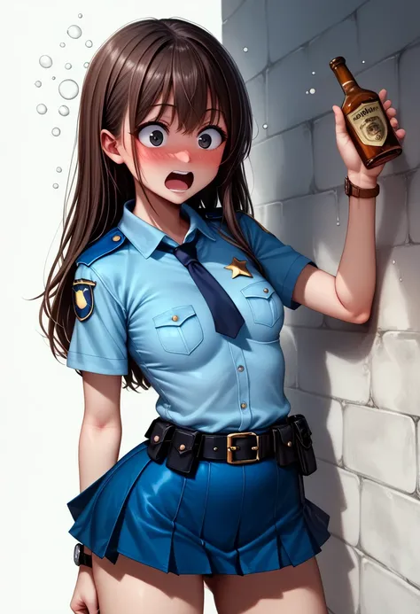    High resolution image ,   top quality,(( one beautiful Japanese schoolgirl standing in front of a wall:1.5)),(( slender body:1.5)),((Drunk:1.2)) , real skin , small breasts,   shiny hair ,  Super Detailed Black Eyes  ,   simple background ,(( Equipped P...