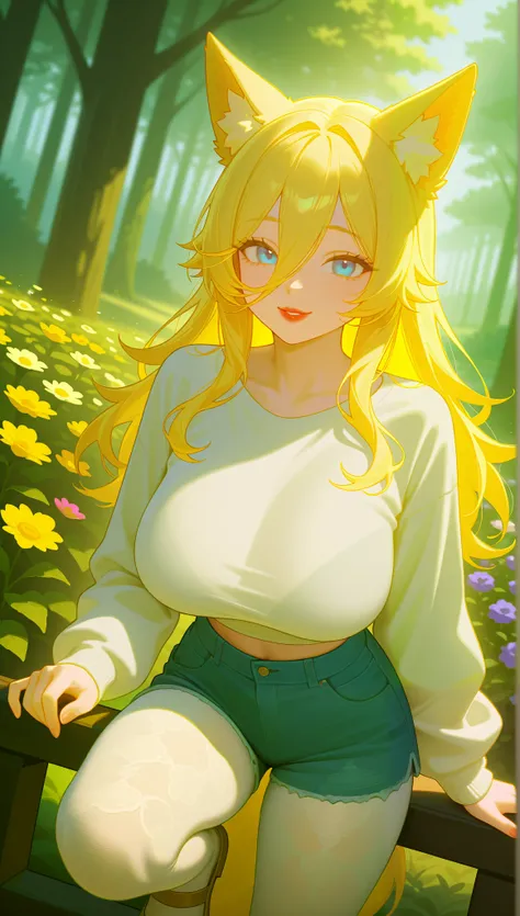 Big Breasts, 1girl, ((Long Bangs Hair, Blonde hair)) ((wolf girl)) light blue eyes, has an extremely sexy body, with full breasts and thin waist, and an extremely sexy body, HIP HOP long sleeve t-shirt, Beautiful Sweatshirt, Jeans Shorts, Delicate Lace Pan...