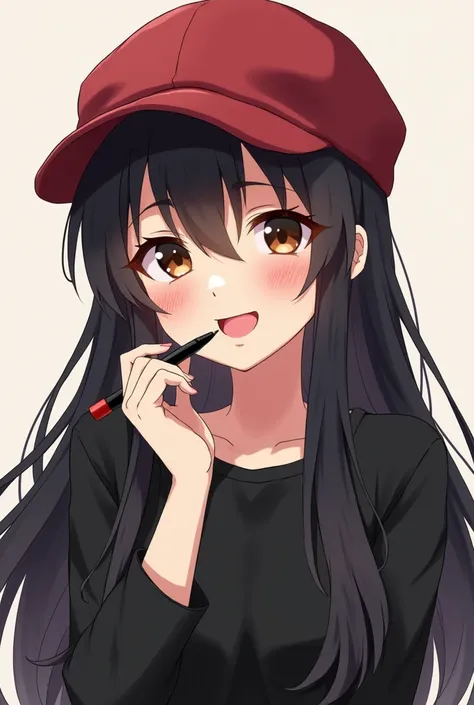 Anime lady with long black hair, coffee brown eyes, wearing a crimson cap and black casual outfit biting naughtily the pen while winking