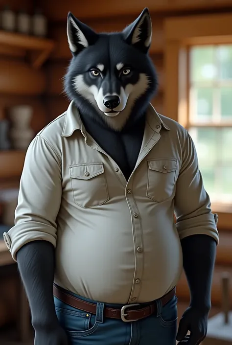 Adult male Anthropomorphic wolf. Black fur, grey eyes. Lyall (Lyre vn). He is bushing.  male. clear image, high quality image. clearly defined facial features. realistic body proportions. Standing. Inside a cabin.  relaxed expression. Natural lighting. 
He...