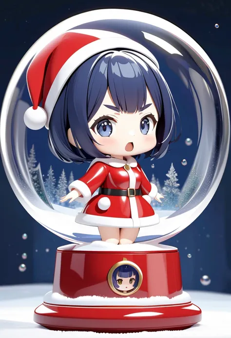 (masterpiece, best quality),3D-illustration of a very cute girl figure(nendroid) in a snow-globe, more Precise faces,((darkblue hair,sleek wavy-short hair),bold eyebrows,middle small breasts,wearing santa costume),panic ,