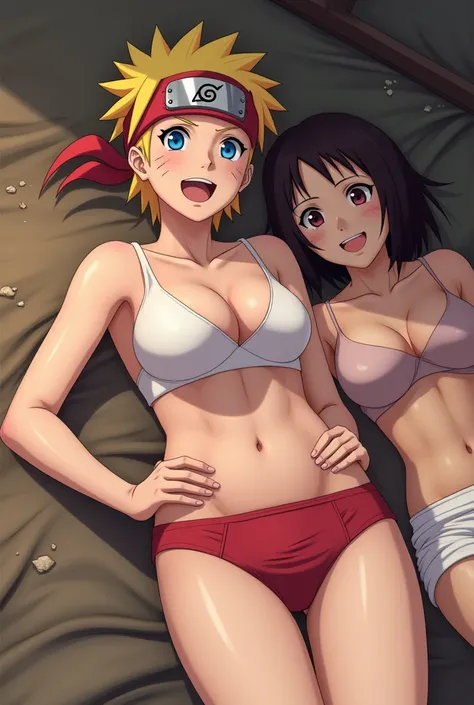 Naruto in underwear where you can see if member ,  is lying with Hinata who is in a chest position on the floor and butt up