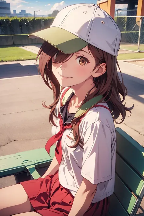 gaenizuko ,sitting1girl, solo, long hair, brown hair, brown eyes,  baseball cap， hair over one eye, smilelooking at viewer, hat over one eye, flat chest，T シャツ，ショートパンツ