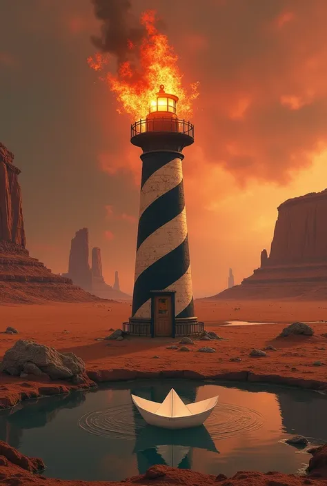 in a desert landscape,  and stormy Martian, we see a burning lighthouse with black and white stripes. Next door is a raft or pool with stagnant water and a floating white paper boat.