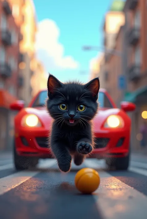 A bright black, cheerful, and playful kitten is playing ball on the street when a red car comes towards it and almost hits it. 