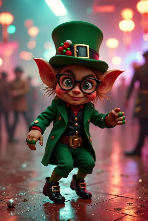 Cursed leprechaun with glasses and Christmas hat dancing on a disco