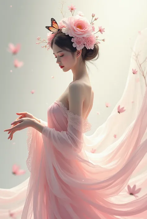 The image presents a figure adorned with floral accessories that include pink and white blossoms,complemented by greenery. A delicate butterfly rests on the hairpiece,adding to the ethereal aesthetic. The attire appears to be of a traditional style,featuri...