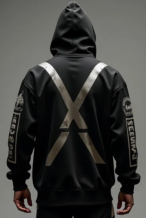 A black hoodie with big X logo at the back and speed devilz word down with rocket logo on the right sleeve 