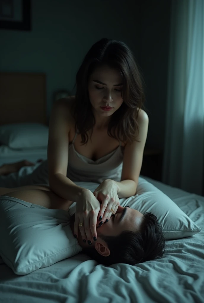 Man lying on bed in room.there is a pillow , on his face and a beautiful brunette girl is sitting on the pillow.Strangulation scene.real photo. high quality.a scene of humiliation and domination 