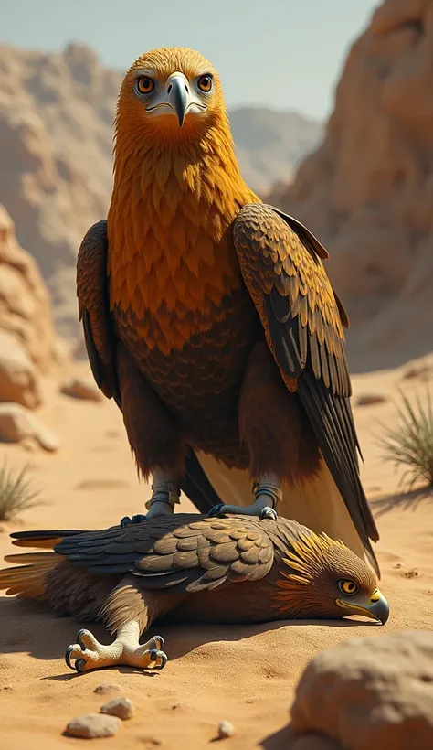 "A rugged desert landscape with cracked, dry earth, scattered rocks, and sparse, thorny shrubs under a scorching sun. On the ground, a majestic golden eagle stands over a lifeless simple eagle, its talons firmly gripping the birds still body. The fallen ea...