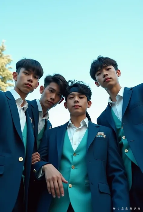 Low-angle, full shot of four young men, likely teenagers or young adults, gathered together. 


The men appear to be wearing similar formal attire, suggesting a specific uniform or school uniform. The predominant colors are shades of blue (suits or jackets...