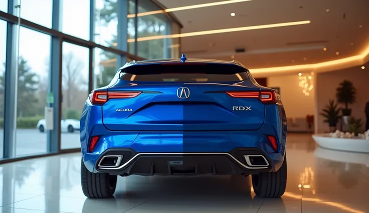 2026 Acura RDX stand in luxury showroom with full close back view with blue exterior 