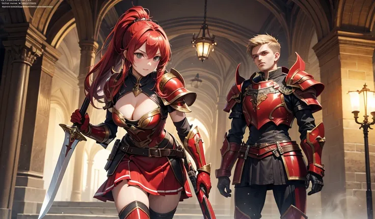  Red Long Haired Ponytail Female，Chest，cleavage，Red Armor ，Scapula，Hand guard， Slim Fit，Iron Skirt ，thigh， Medieval European City，Greatsword，Single