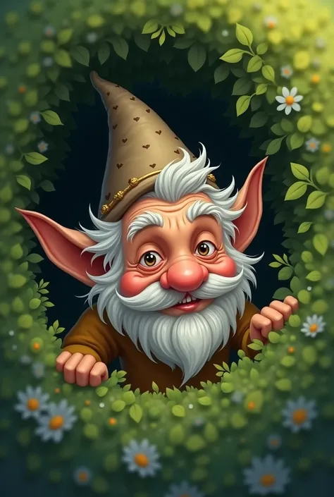 small,  little old man with fluffy hair and gauer pointed hat, red cheeks and light rabbit teeth ,  looks out of a bush curiously but carefully 