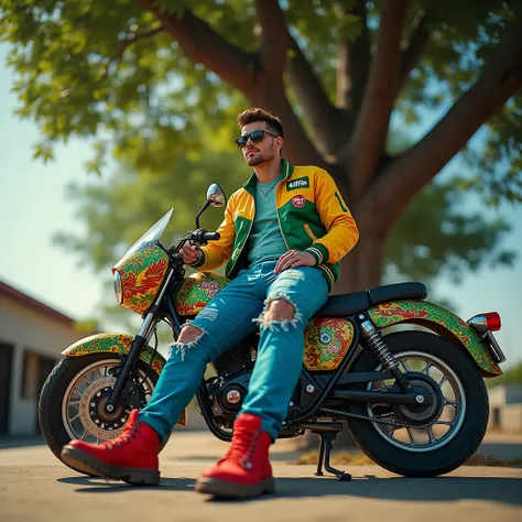 Image a man wearing sunglasses, wearing a green and yellow jacket with the text "4FD1N", torn blue trousers, red shoes, smoking lying on a green motorbike covered in dragon stickers, background under a tree in the afternoon, top camera angle