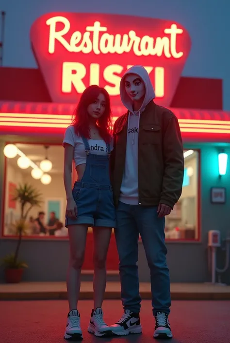 adorable Asian woman,with red hair,wearing a crop top overall dress bearing the text "SANDRA RISKI",with chunky sneakers, was standing with a mysterious masked man, they standing in front of a vintage restaurant with neon lights, full body, dynamic pose th...