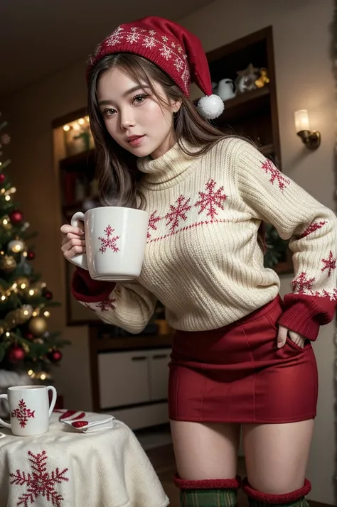 Draw a woman dressed in festive Christmas clothing .  Shes wearing a red sweater with reindeer and snowflake prints ,  a long green skirt with gold details and brown fur-lined boots .  Shes also wearing a Santa hat and holding a steaming mug of hot chocola...