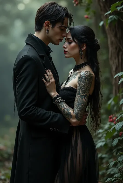 Could a vampire couple produce ,   female with black tattoos on shoulders and arms wears a very sexy boho dress