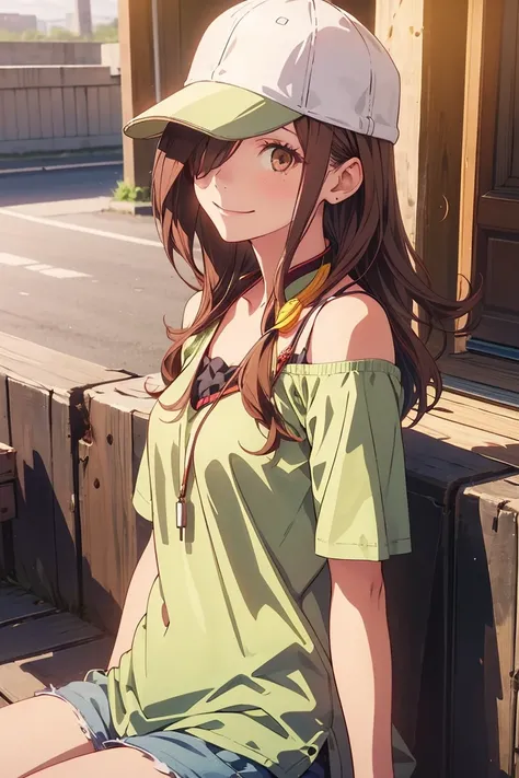 gaenizuko ,sitting1girl, solo, long hair, brown hair, brown eyes,  baseball cap， hair over one eye, smilelooking at viewer, hat over one eye, flat chest，green  off shoulder シャツ，ショートパンツ，