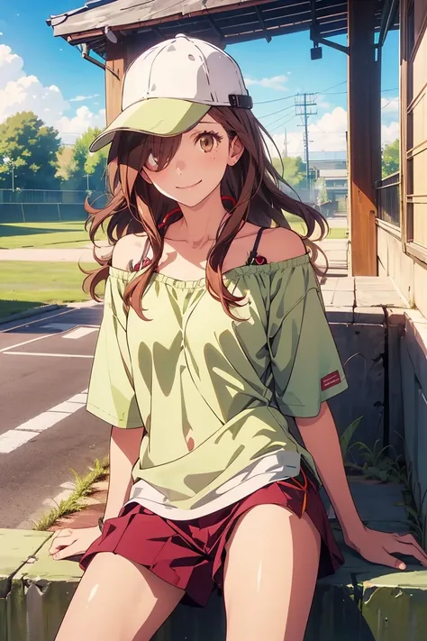 gaenizuko ,sitting1girl, solo, long hair, brown hair, brown eyes,  baseball cap， hair over one eye, smilelooking at viewer, hat over one eye, flat chest，green  off shoulder シャツ，ショートパンツ，