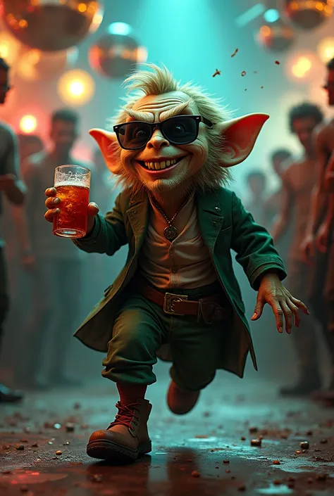 Cursed leprechaun wearing sunglasses and drinking alcohol dancing at a disco