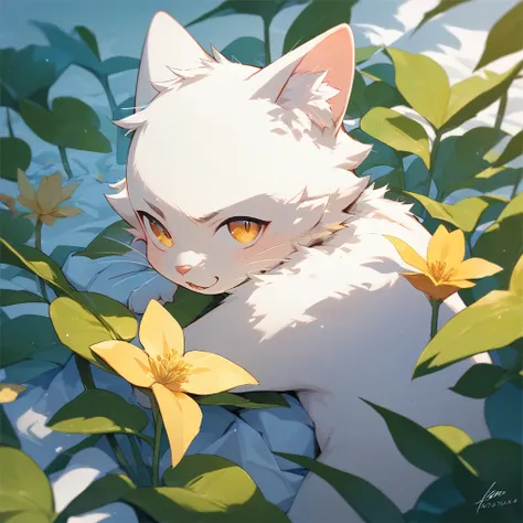 A small flower bud grows on the top of the head of the little white cat