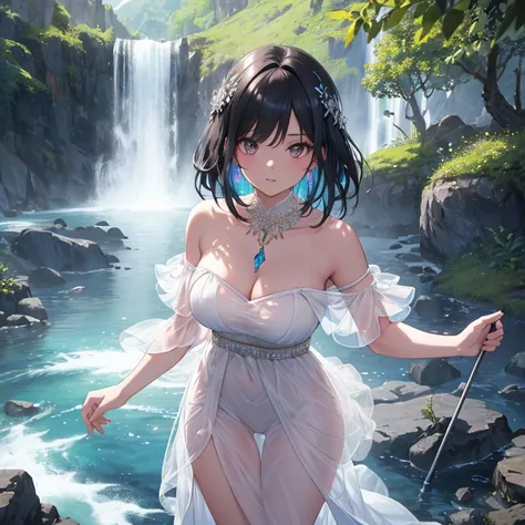 8K, masterpiece, Mature beautiful girl, 1girl, alone, (anatomically accurate depiction), (detailed face), (beautiful face), (perfect face), bare shoulders, black hair, branch, colored inner hair, colorful, long dress, ((white see through dress)), strapless...