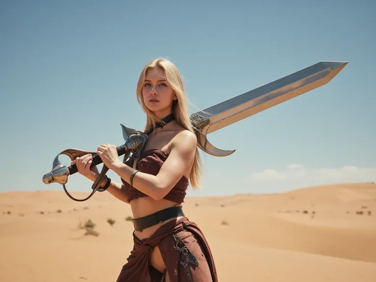 there is a woman holding a sword in a desert area, huge oversized sword, holding a colossal sword, holding a giant sword, huge sword, giant sword, big sword, holding enormous sword, wielding a magical sword, wielding a keris sword, intricate fantasy spear,...