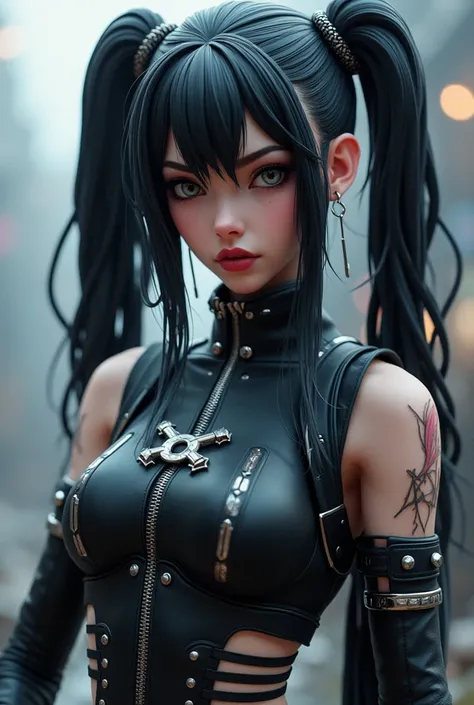 Full body Fornite Skin style that has long black hair tied in two pigtails with loose locks, white skin ,grey eyes, slightly red lips ,wearing grunge and cyberpunk 