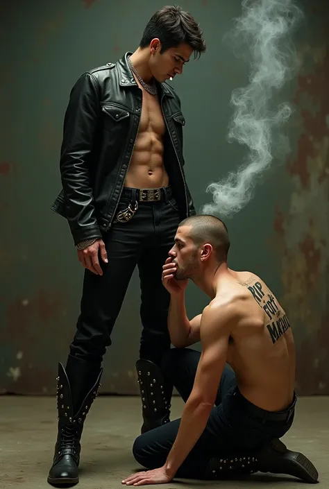 Light brown man with green eyes, with a piercing look, He is wearing black cowboy boots with metal studs, black leather pants and jacket. It stands , stroking anothers head, Younger man with shaved head with his right hand., He is kneeling and topless, wit...