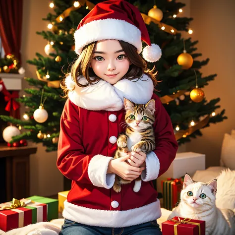 (kitten in clothes), holding a gift box in his hand, cute, masterpiece, highest quality, fluffy cat, happy for Christmas, illumination, Christmas tree, Santa hat, fun, anatomically very accurate, photorealistic, cat, ragdoll,