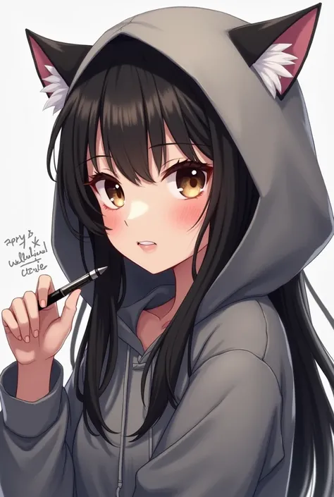 Anime lady with long black hair, coffee brown eyes, and white cat ears peeking underneath the hoodie that shes wearing with a subtle grin on her lips while holding a pen