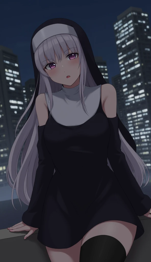 1girl, breasts, city, thighhighs, blurry, blurry background, long hair, solo, hood, building, night, cleavage, red lips, looking at viewer, detached sleeves, depth of field, dress, pelvic curtain, city lights, nun, lips