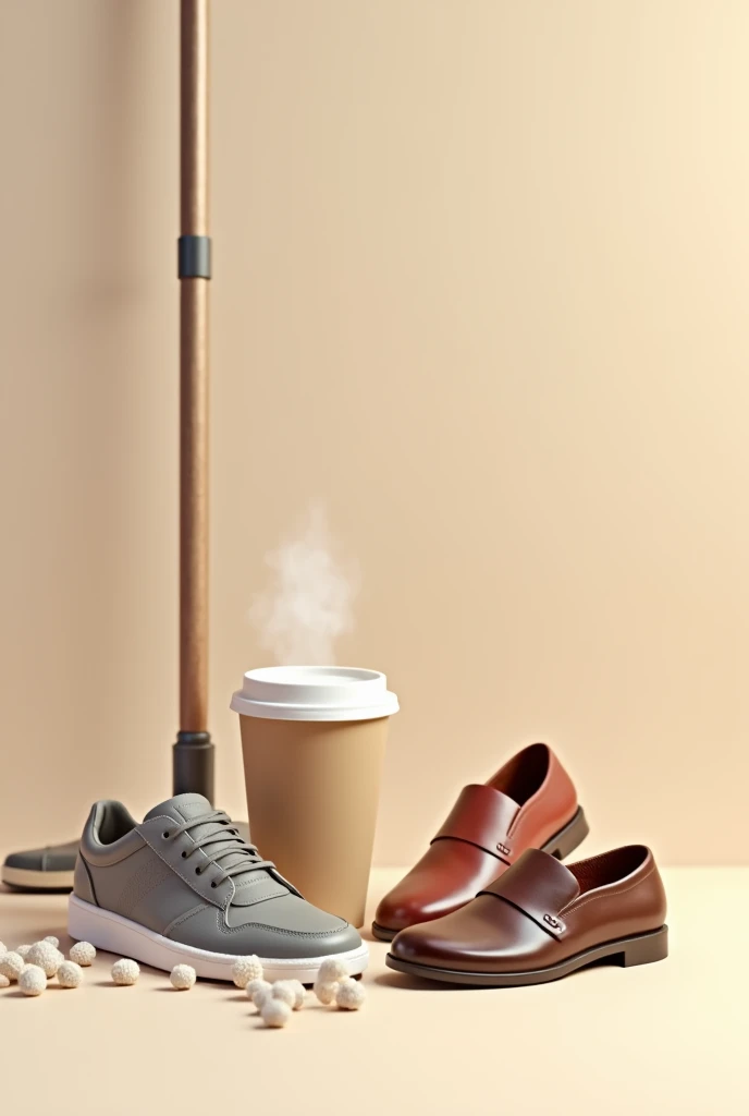 An image that includes a coffee in a take-away cup and a floor mop, a womens sports shoe and a shiny mens loafer