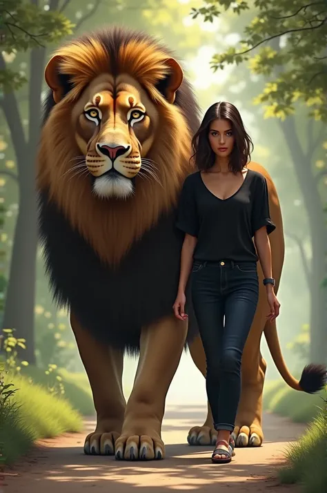 A woman dressed in black casual and walking along with a very giant lion walking along