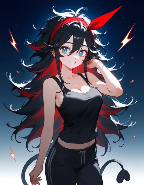 girl,Saiyu,Black hair,In light blue eyes,Multicolored hair, red and dark blue, small face ,thin,cute,  black tank top , black sweatpants ,Long hair,Put on a red headband,Open the abdomen,Scary smile,Standing in the night,Crested hair,milf, with a red sting...