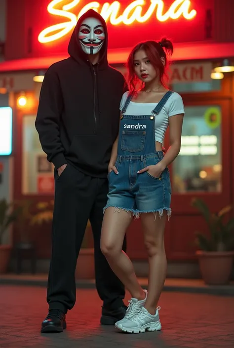 adorable Asian woman,slightly fat body, big height, beautiful face with red hair,wearing a crop top overall dress bearing the text "SANDRA",with chunky sneakers, was standing with a mysterious masked man, they standing in front of a vintage restaurant with...