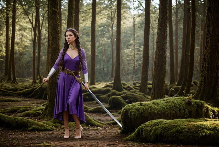 Queen golding simple Longsword, in the forest, moss, trees, purple dress, crown, blue eyes, High Details, Sparkle, Emphasis Lines, Glowing Light, purple high heels, long hair, brown hair, braids