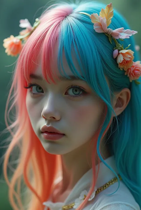  colorful hair , hair ribbon, surrealism,  cinematic lighting ,  close-up ,  ultra high definition,  high detail , masterpiece  