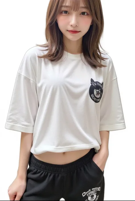   surrenders,    photorealistic depiction of a beautiful Japanese girl.  She is wearing a t-shirt and shorts 