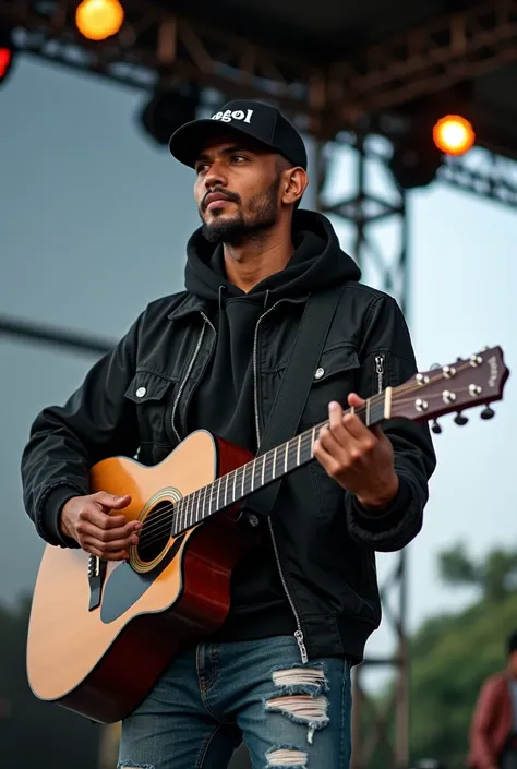 Handsome looking Indonesian man wearing black bomber jacket wearing boots wearing black hoodie wearing ripped jeans wearing baseball cap with dhegol inscription standing outside concert stage playing acoustic guitar Face appears looking at camera