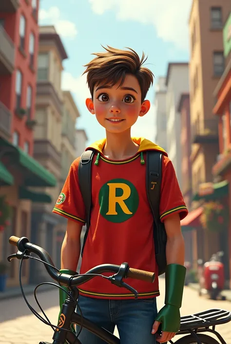 A YOUNGSTER standing next to a bike, wearing a T-shirt ROBIN 