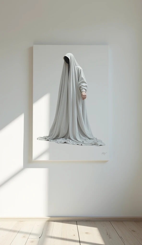  to create the image of an oil painting of a ghost in sheets on a white canvas .  the painting hangs on a white wall and there is nothing else in the setting besides. The light in the image is beautiful 