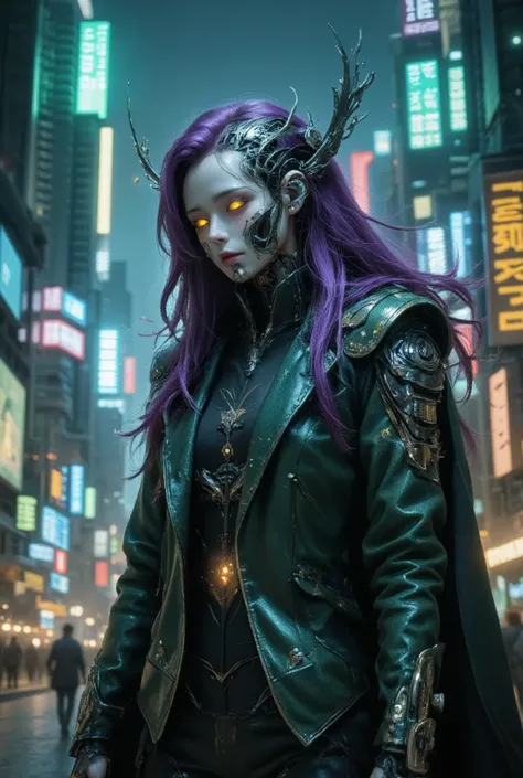 In a magic style, a futuristic cityscape at night serves as the backdrop for a striking figure. A large, robot-like figure stands at the center, its appearance skull-like, with a green suit and long purple hair flowing in the wind. The robots head is a maz...