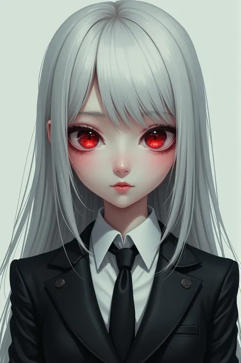 A girl looks at the camera with a faint smile and an evil gaze. The girl had bright, shining blood red eyes. The girl has long white hair and side-parted bangs with an elegant style. The girl was wearing a white shirt with a magnificent black suit and a bl...