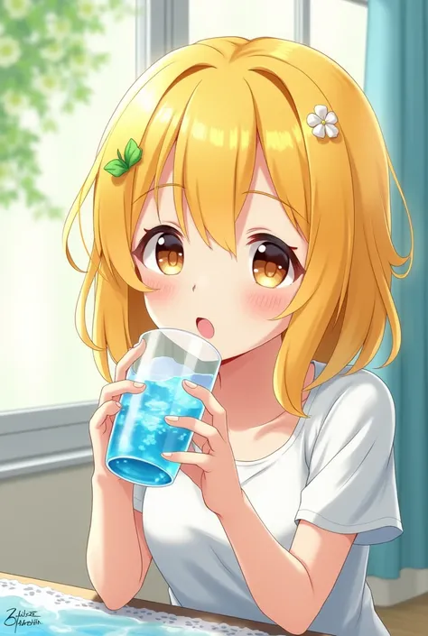 Cute  with yellow hair is drinking water anime
