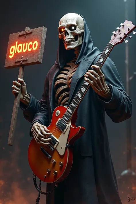 Eddy from Iron Maiden with an electric guitar in one hand and a sign in the other hand that says GLAUCO 