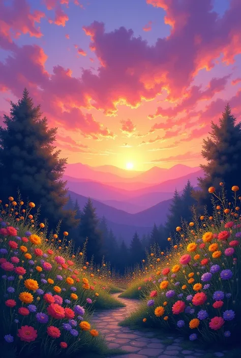 a painting with hues of purple 
sun set
Flowers in yellows and green,reds
