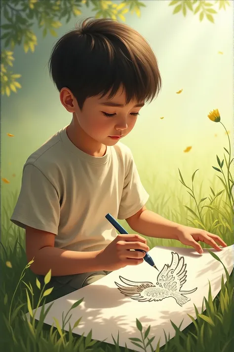 Create for me a single boy who draws the symbol of peace